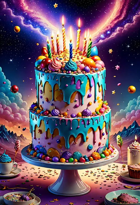 Beautiful 8K Ultra HD professional photos, Sharp focus, In a stunning fantasy starry world,Fairies are dancing in the sky，A birthday cake filled with gems falls from the sky，A huge cake，It has candles and confetti on it, Huge birthday cake, with sparkling ...