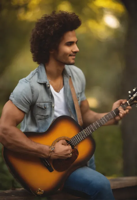 crie um banner no estilo Pixar. A man with Brazilian features, branco com cabelos curtos, Castanhos escuros, Smooth and slightly grayish appearance, mas jovem, usando uma camiseta, Vestindo jeans e tocando um guitarra estilo Les Paul amarela