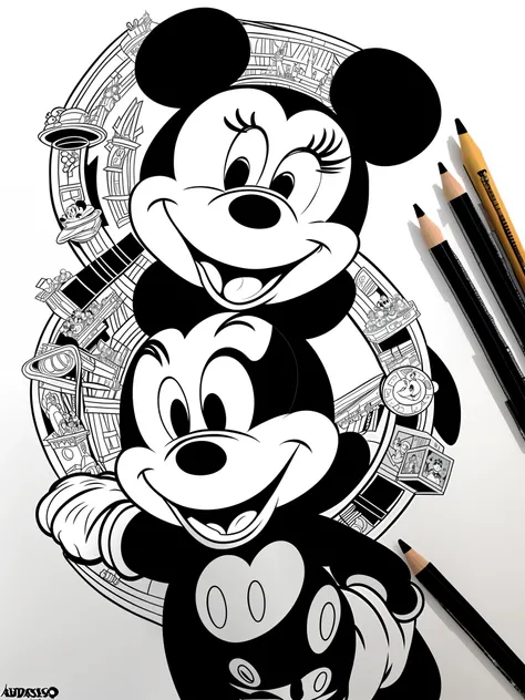 Criar uma arte estilo Disney, estilo rabisco (master part, best quality, absurdos), ((arte de fantasia)), do personagem Mickey mouse em preto e branco