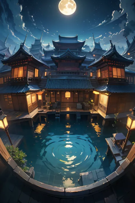 (fish eye,Masterpiece,Top quality,Best quality,offcial art,Beautiful and aesthetic,animation:1.2),east asian architecture,scenery,Moon,sky,Flying birds,waterfallr,Outdoors