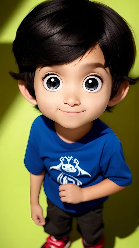 Estilo pixar, menino pequeno 4 anos cabelo preto dividido no meio olhos puxados nariz largo boca pequena nome Miguel