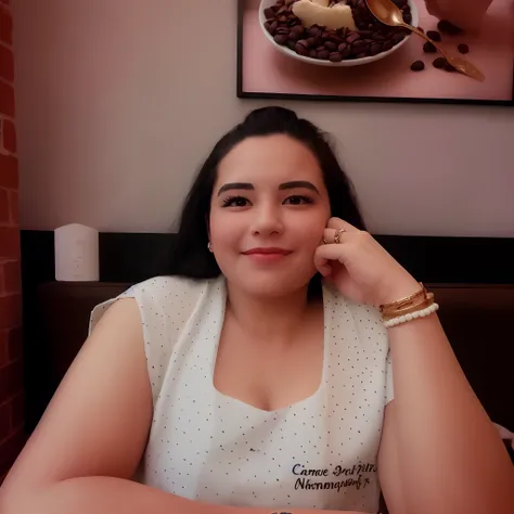 foto do perfil, rosto bonito, sorrindo, Long black hair back, Left hand resting on cheek,  mulher branca, camisa escrito Camila Amorim e com bolinhas bem pequenas coloridas, em baixo Neuropsicopedagoga, behind a wall with decorations, This one with a ring ...