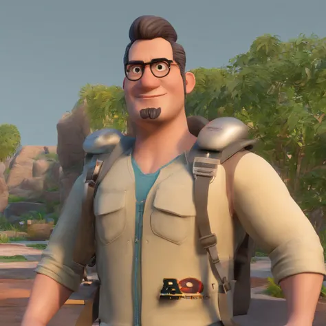 Criar um personagem no estilo Pixar. Trata-se de um homem de 30 anos, com barba, Branco, com cabelos castanhos curtos e um quiff, e olhos castanhos. Ele deve estar na frente de um computador, Trabalhar como designer