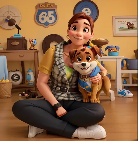 uma mulher com seu cachorrinho no colo familia disney pixar, alta qualidade, melhor qualidade