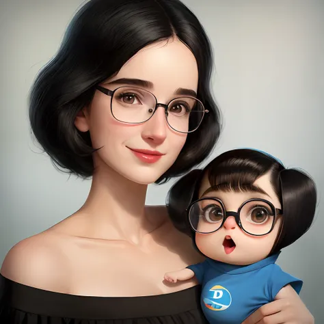 Pixar, mulher, 22 anos, 1,65 altura, magra, medium black hair , bespectacled , boca pequena, rosto levemente arredondado, nariz pequeno, olhos amendoados, vestido florido , sorrindo,