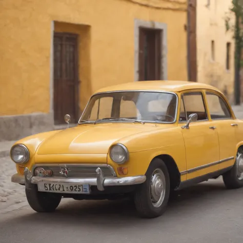 Make a realistic, yellow car with 4 tires, 2 windows and in perfect condition, with a suitcase tied to the top of the car. ultra resolution photo.