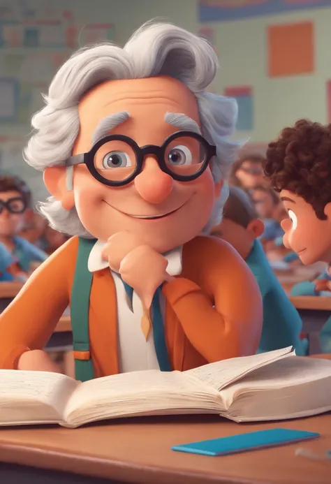 Horny Math Teacher , homem branco, jovem de vermelho, cabelo liso, square glasses, In a classroom with Pixar style kids