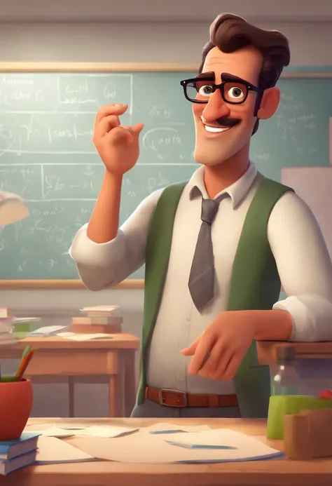 Horny Math Teacher , homem branco, jovem de vermelho, cabelo liso, square glasses, In a classroom with Pixar style kids