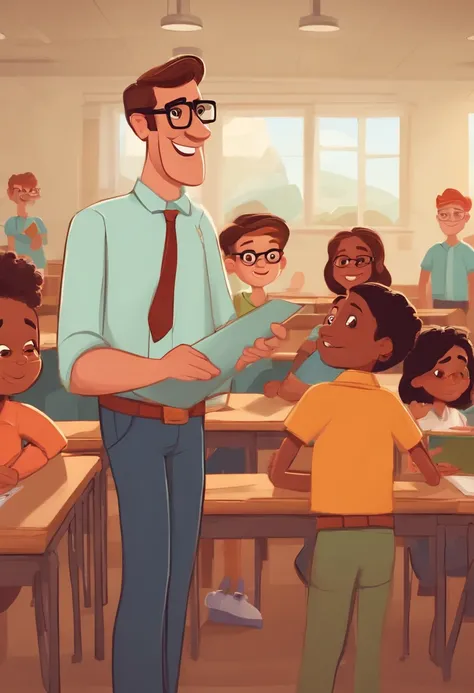 Horny Math Teacher , homem branco, jovem de vermelho, cabelo liso, square glasses, In a classroom with Pixar style kids