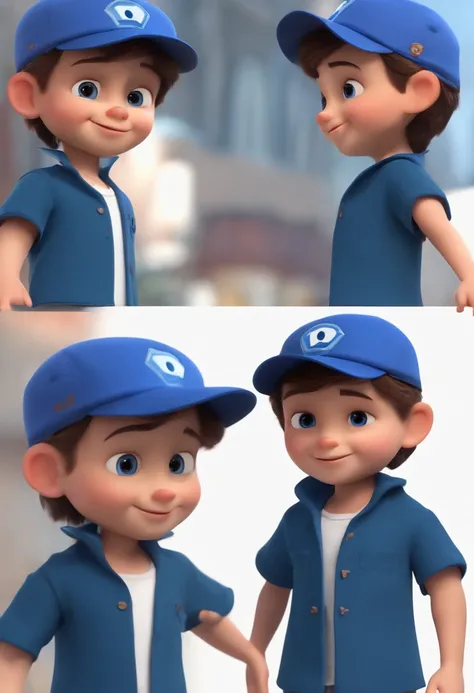 A happy cute boy standing short hair with dark blue cap , vestindo uma camisa azul , , fundo branco, barnet, Tom, Estilo Pixar, ......3d, desenhos animados, rosto detalhado, asymmetrical 16k