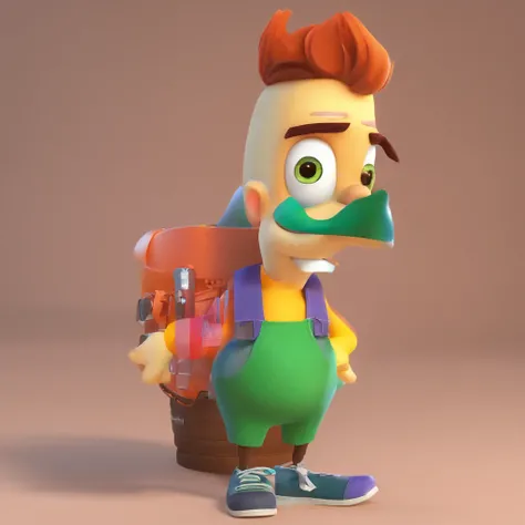 Criar um personagem no estilo Pixar. Trata-se de um homem de 30 anos, com barba, Branco, com cabelos castanhos curtos e um quiff, e olhos castanhos. Ele deve estar na frente de um computador, Trabalhar como designer