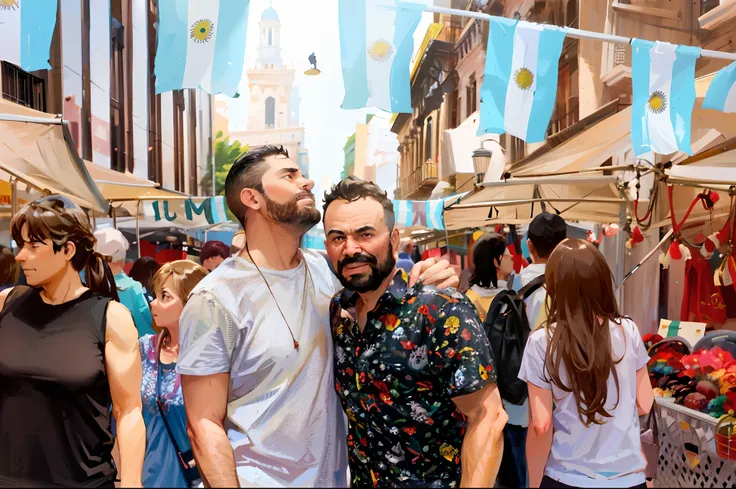 Theres two men next to each other in a market, Buenos Aires, flags of argentina behind, Argentine flags behind, Directed by: Meredith Dillman, Directed by: Emma Andijewska, by Amelia Peláez, flags of argentina behind, por Ingrida Juniper, Directed by: Matt...