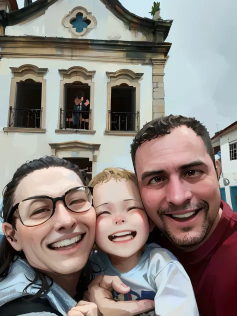 Smiling family posing for a photo in front of a building, Directed by: Nandor Soldier, Happy family, In Sao Paulo, imagem de perfil, in a city square, vacation photo, mateus 9 5, Directed by: CeFerí Olivé, Family photo, in front of the house, marido esposa...