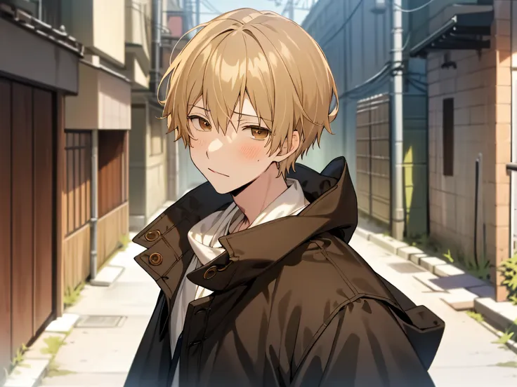 masutepiece, best quality, high quality, 1boy, solo, male focus, looking at viewer, upper body ,brown eyes, blonde hair, parka,b...