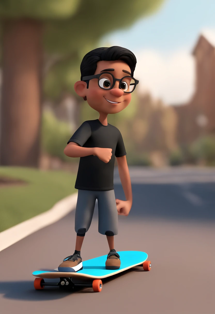 Cartoon character of a man with black glasses and a black t-shirt, barba grande com 34 anos professor de skate, Next to you, 7-year-old students with skateboards and safety gear, animation character, Caractere estilizado, animation style rendering, 3D esti...