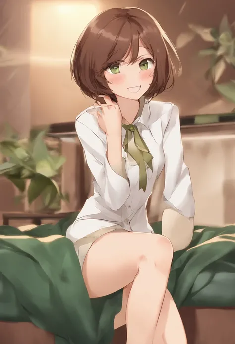 master part, extremely high quality, best quality, 1girl, sozinho, Olhando para o Viewer, , Tezuka Rin, (Amputees without arms:1.2), brown hair, colar, camisa de gola, (amputado duplo:1.2), olhos verdes, Katawa Shoujo, gravata vermelha, camisa, short hair,...