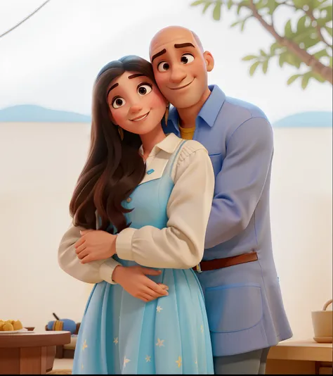 casal homem careca com cavanhaque, e mulher com vestido azul fraco no estilo Disney Pixar, alta qualidade, melhor qualidade