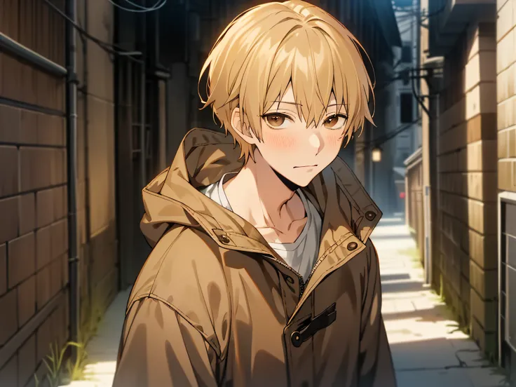 masutepiece, best quality, high quality, 1boy, solo, male focus, looking at viewer, upper body ,brown eyes, blonde hair, parka,b...