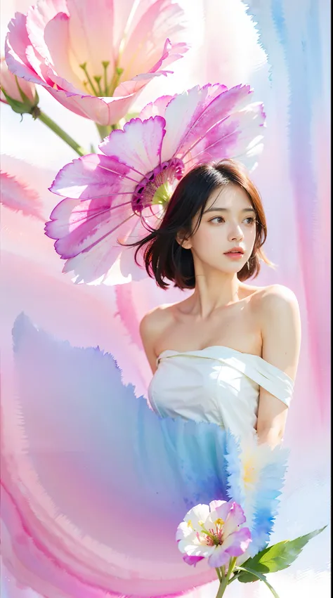 1girl,flower, Lisianthus ,in the style of light pink and light azure, dreamy and romantic compositions, pale pink, ethereal foliage, playful arrangements,fantasy, high contrast, ink strokes, explosions, over exposure, purple and red tone impression , abstr...