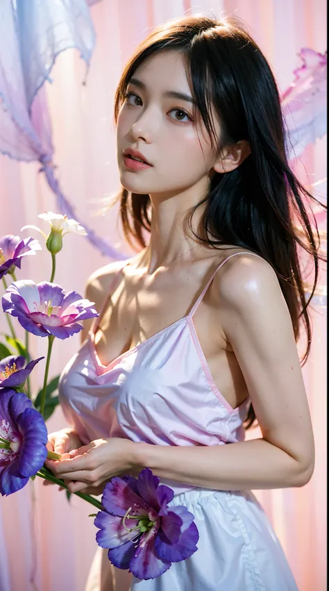 1girl,flower, Lisianthus ,in the style of light pink and light azure, dreamy and romantic compositions, pale pink, ethereal foliage, playful arrangements,fantasy, high contrast, ink strokes, explosions, over exposure, purple and red tone impression , abstr...