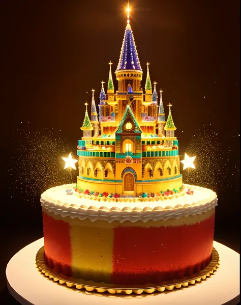 Beautiful 8K Ultra HD professional photos, Sharp focus, In a stunning fantasy world, Beautiful fairy with a crown standing next to a birthday cake filled with gems, A joyful smile, In a luxurious palace，A huge cake，It has candles and confetti on it, Huge b...