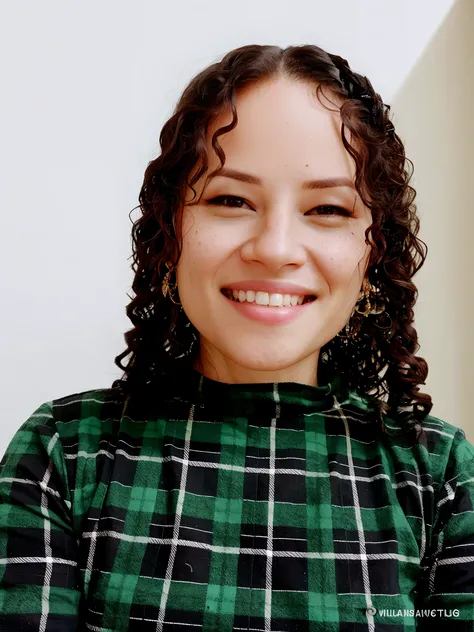 mulher sorridente com cabelo cacheado e camisa xadrez verde segurando uma banana, Alanis Guillen, fernanda suarez, retrato frontal, imagem de perfil, Foto profissional detalhada, Malika Favre, retratado dos ombros para cima, Anos Imane, Magda Torres Gurza,...