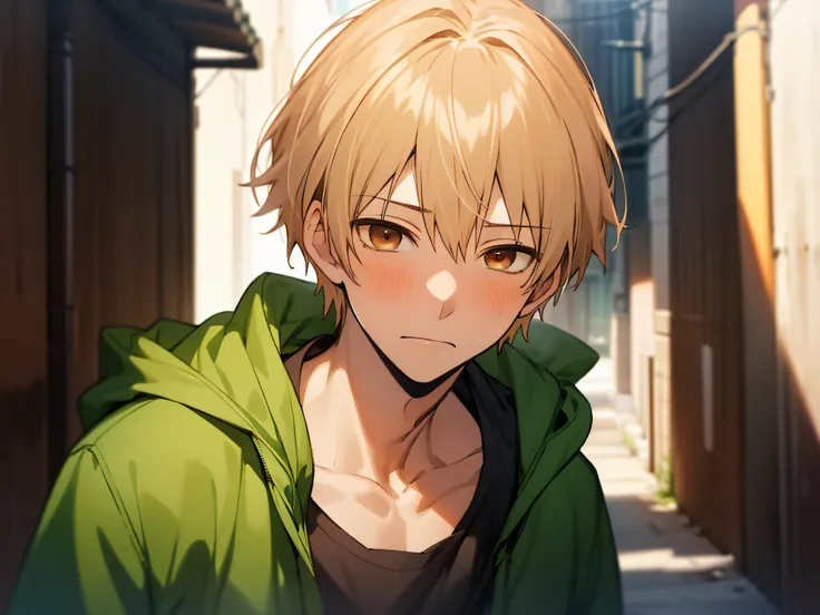 masutepiece, Best Quality, High quality, 1boy, Solo,Forcibly withdraw, Male Focus,yandere, Looking at Viewer, upper body ,Brown eyes, Blonde hair, parka,background is back alley,