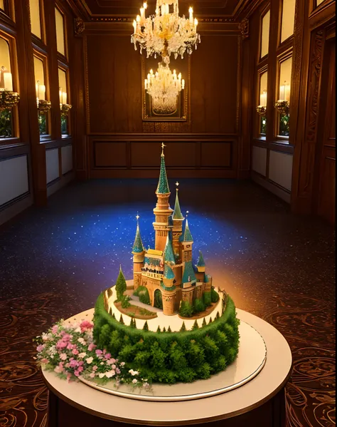 There is a large cake in the shape of a castle，There are a lot of different ingredients on it, A few colorful candles on the cake,There are exquisite sweets and chocolates nearby,Fine cream,detailed flowers,small flower,Leaves and stars that reflect light,...