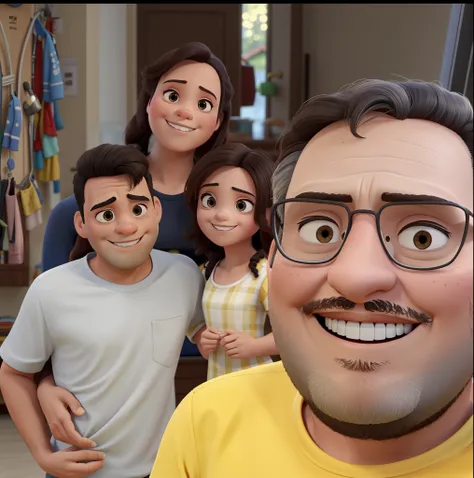 One family, homem, mulher, menino, menina no estilo pixar