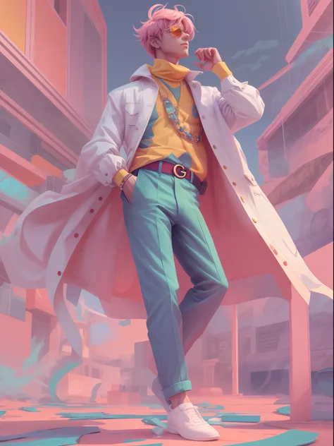 a man, in a dynamic pose wearing an expensive and fashionable outfit, designed by Gucci::3, tumblr, inspired by Yanjun Cheng style, digital art, internet boy lofi meme, trend in dezeen, catalog photo, 3 d render beeple, rhads and lois van baarle, cartoon s...