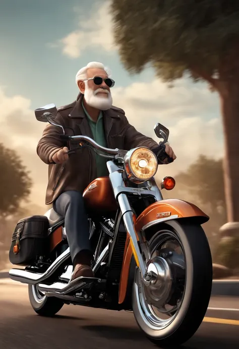 (best quality,3D rendering:1.2),Elderly black haired and bearded with glasses riding a Harley Davidson 883,Disney Pixar Style Poster, motocicleta, 3 d illustration, cores vibrantes, aventura, Viagem, dynamic pose, arousal, Youthful spirit, velocidade, vent...