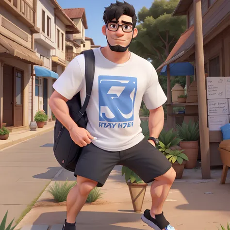 white man, short black hair, 174cm tall, 115kg, wearing t-shirt, shorts and flip-flops, blue glasses, short black beard and no mustache