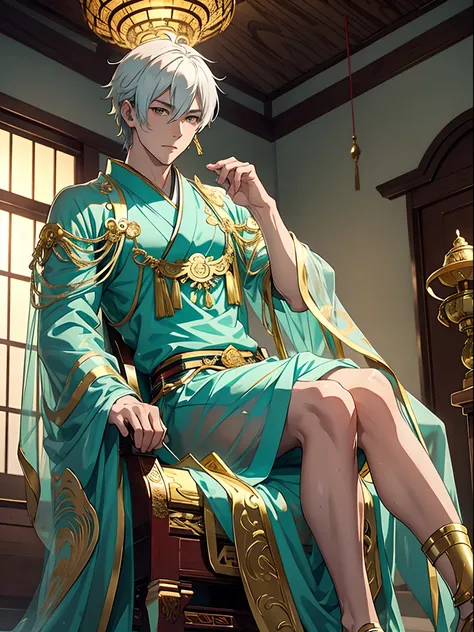 a handsome anime man on the translucent jade throne, beautiful hall in japanese style, gold, intricate carving, marble, translucent, translucent clothes, translucent throne,