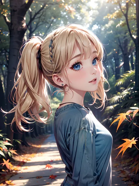 absurderes, ultra-detailliert,bright colour, (1girl in:1.7),(A forest with very beautiful autumn leaves:1.5),extremely beautiful detailed anime face and eyes,(happy smail:1.4),asymmetrical bangs, (Blonde hair with short twin tails:1.3), Shiny hair, (Lookin...