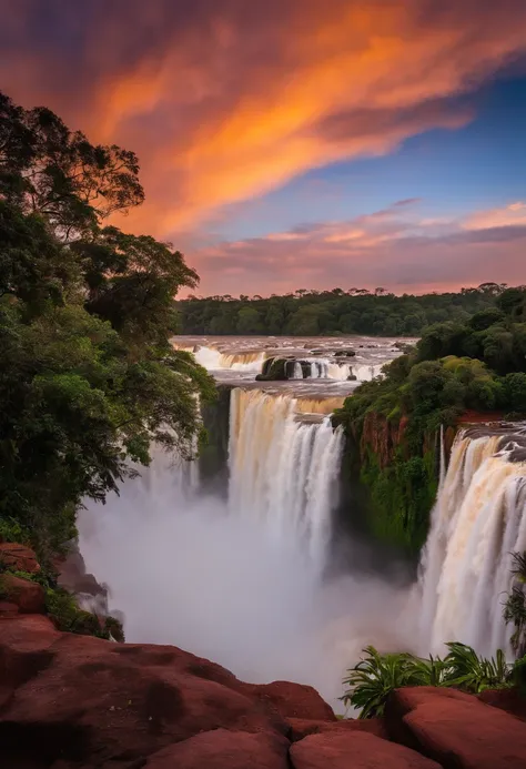 sunset in the city of Foz do iguaçu, Parana, In the Iguazu Falls, com uma pessoa observando