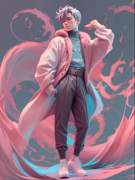 a man, in a dynamic pose wearing an expensive and fashionable outfit, designed by Gucci::3, tumblr, inspired by Yanjun Cheng style, digital art, internet boy lofi meme, trend in dezeen, catalog photo, 3 d render beeple, rhads and lois van baarle, cartoon s...