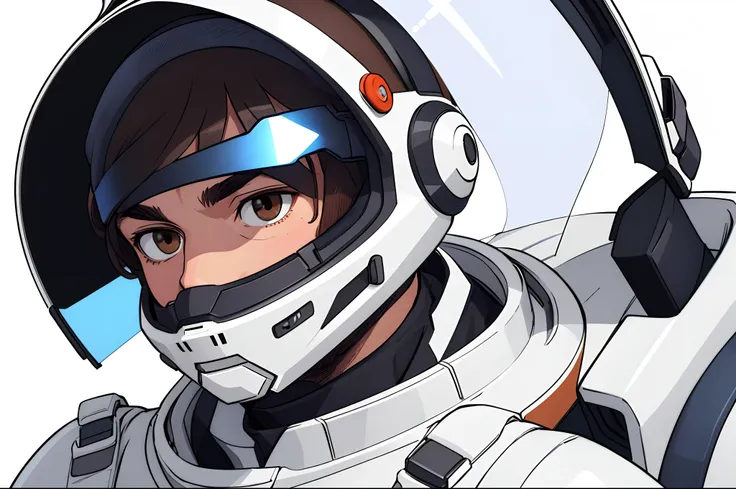 handsome and asethetic, masterpiece, white background, plain background, best quality, drawing of a of a close portrait, man in a retro spacesuit with reflective helmet, covered face. brown eyes