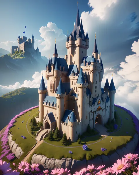 Arafed cake with castle on top of a hill with flowers, beautiful render of a fairytale, 3d magical details, 4 K detail fantasy, fantasy style 8 k octane render, stylized as a 3d render, storybook wide shot :: HD, fantasy bakery, ultra detailed fantasy, fly...