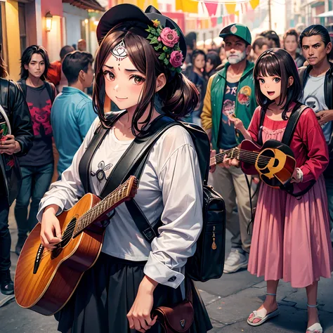 ILustracao no estilo anime, Mexican brunette woman smiling in Mexico village with backpack arriving for party Dia De Los Muertos with Bodý Paint Skull face Santa Muerte painted as skull, We see Mariate musicians playing guitar in the streets crowded with p...