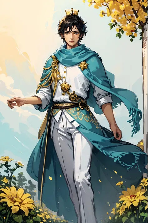 "(best quality,highres,realistic),a man with short black hair and blue eyes,wearing a floating golden crown,white scarf,white pants,red button up,golden crown shining,beautiful detailed eyes,confident expression,regal posture,standing in a lush green garde...