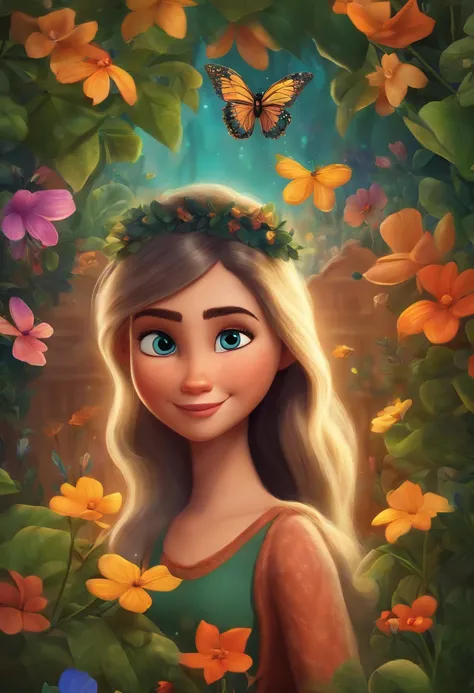 A Disney Pixar-inspired movie poster with title "(Rebeca)".
(An 18 year old girl with blonde hair, brown eyes, thin round nose, long hair. beautiful as a fairy, art artist and painter). The scene should be in the distinct digital art style of Pixar, with a...