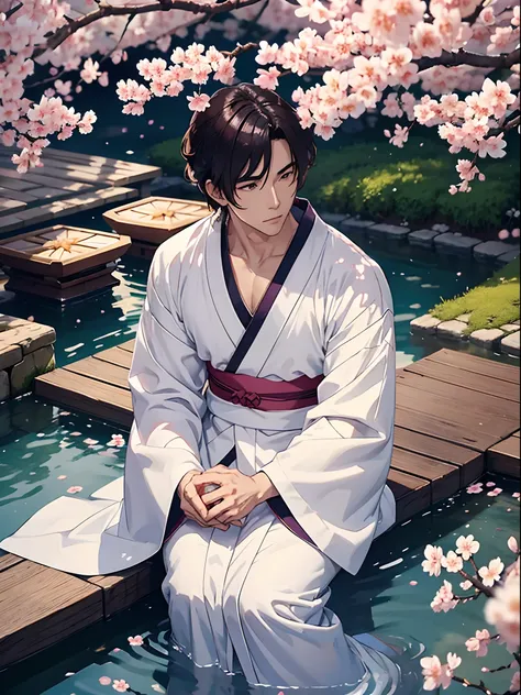 a handsome anime, white silk kimono, drinking sake, sakura blossoming, beautiful garden, plum trees