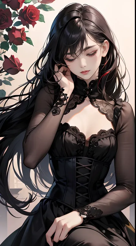 (Best Quality,4K,High resolution),Rose background、Cover the whole thing with a rose frame、Red highlights on black hair、long straight hair、eye closed、Sleeping Woman、Small、long lashes、Red Eyeliner、Sexy red lips、FULL BODYSHOT、Delicately expresses realistic sm...