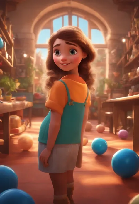 Image of a girl in a story in a YouTube video in Pixar format, She is a little aravest, She is the leader of the class, She is sociable, Playful、Obsessed with a lot of things