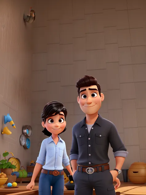 Um homem estilo pixar, branco, cabelo preto liso curto, magro e uma mulher estilo Disney pixar cabelo castanho liso e longo, olhos pretos, magra, alta qualidade