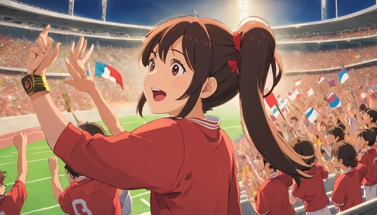 Cheering with 8 fans in a stadium in the background celebrating happily with red shirt and with 4 black stripes 45 degrees celebrating happy high quality anime style