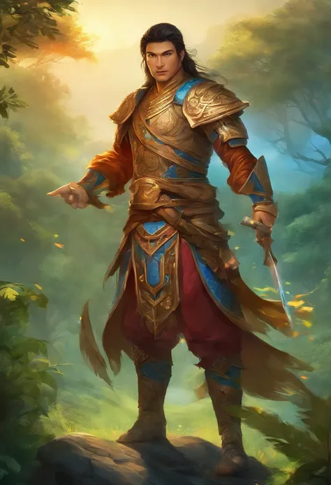 Asian Warrior Ghenghiz Khan Beautiful masculine asian man with blue and orange details, Alas grandes, Bosque al fondo, colores vibrantes, cuerpo completo, Cara detallada, Manos detalladas, piernas detalladas, Dedos detallados, cabello detallado, ojos detal...