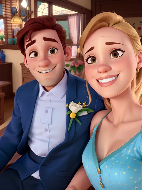 Casal (homem moreno e mulher branca) no estilo Disney Pixar, alta qualidade, melhor qualidade.