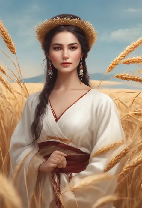 master part, best quality, Ultra Highres, Detailed illustration, retrato, circunstanciado, 1Girl standing in wheat field, sozinho, cabelos longos, vestir, flor, Hanfu branco, sorrir, corpo inteiro, flor branca, bareshoulders, cabelos muito longos, aqua cab...