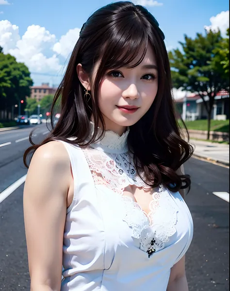 a woman posing on the street corner with white dress on, best quality, high res, 8k, 1girl, (huge breasts), day, bright, outdoor, (street:0.8), (people, crowds:1), (lace-trimmed dress:1.5, white clothes:1.5, white high-neck dress:1.5, sleeveless dress, whi...